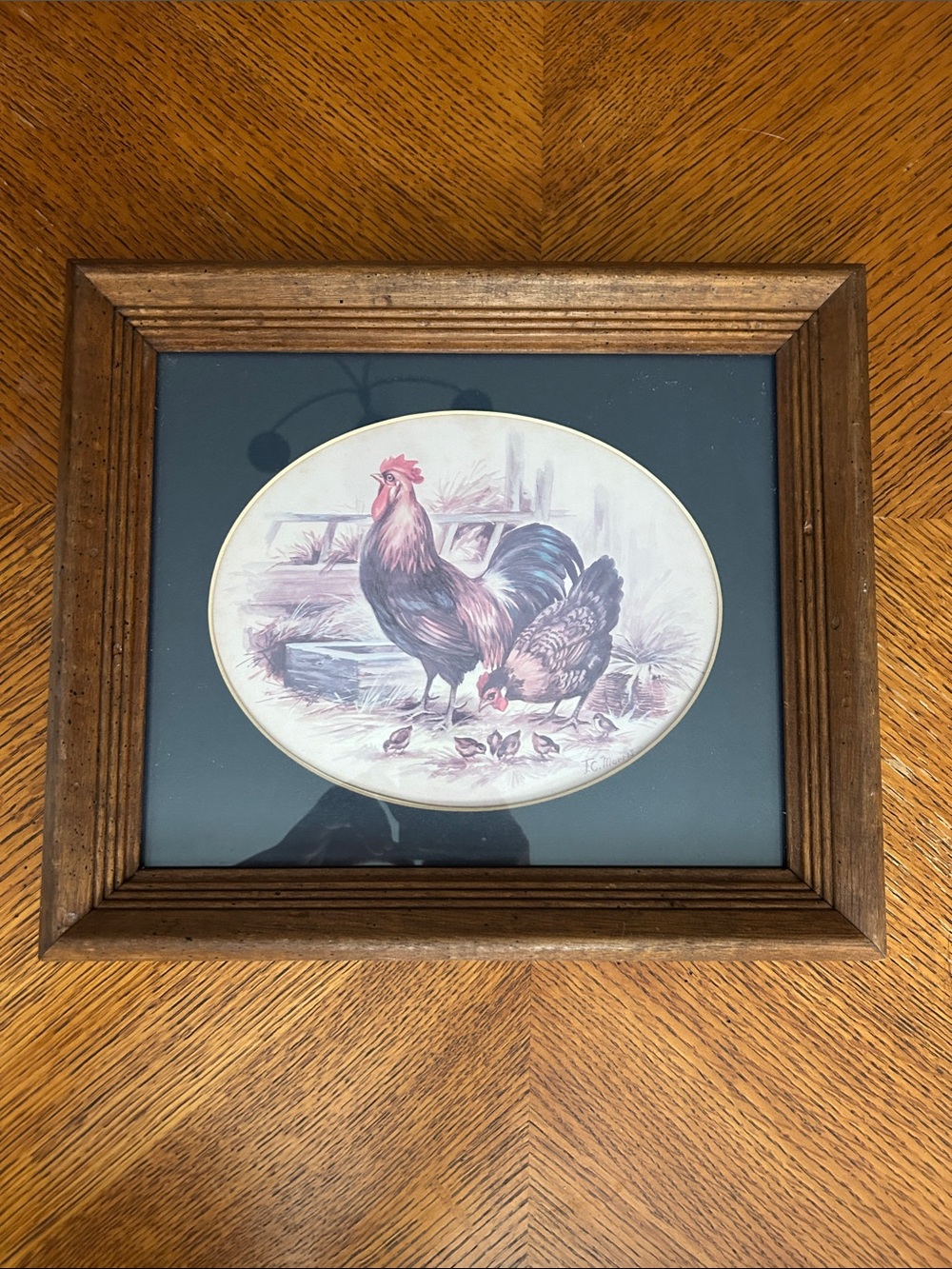 Vintage Framed Rooster & Hen Print in Wood Frame - Brown